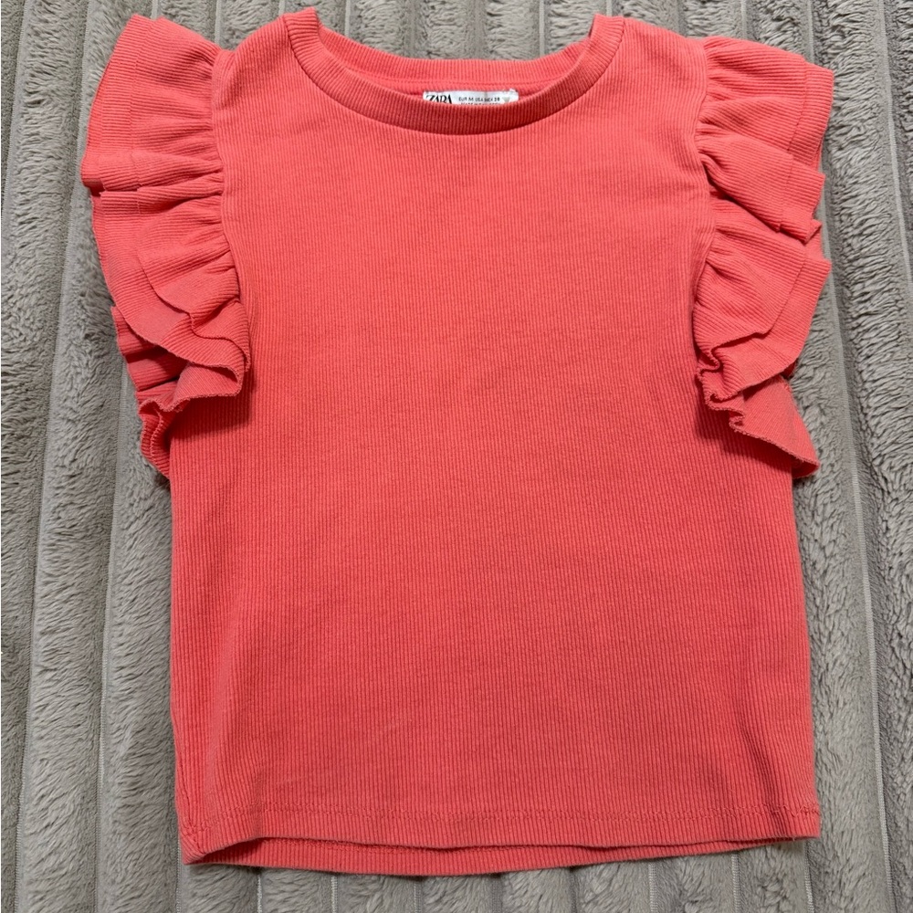 Zara Coral Ruffle Sleeve Tee